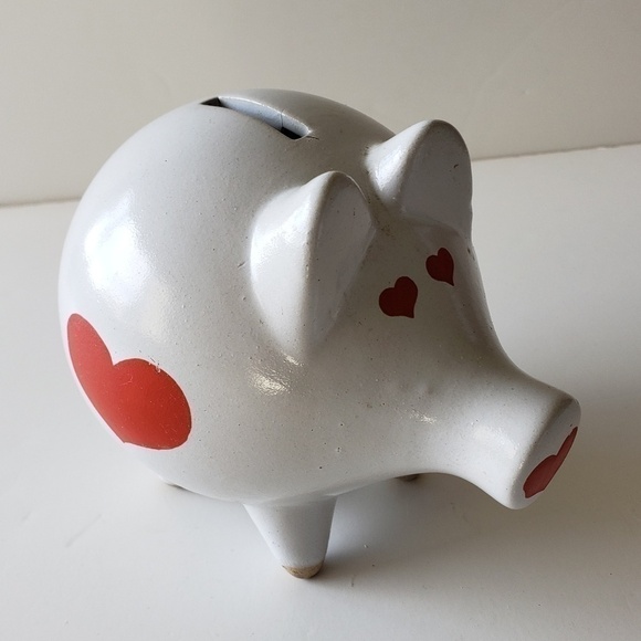 Vintage White Piggy Bank with Red Heart Accents - Picture 1 of 5